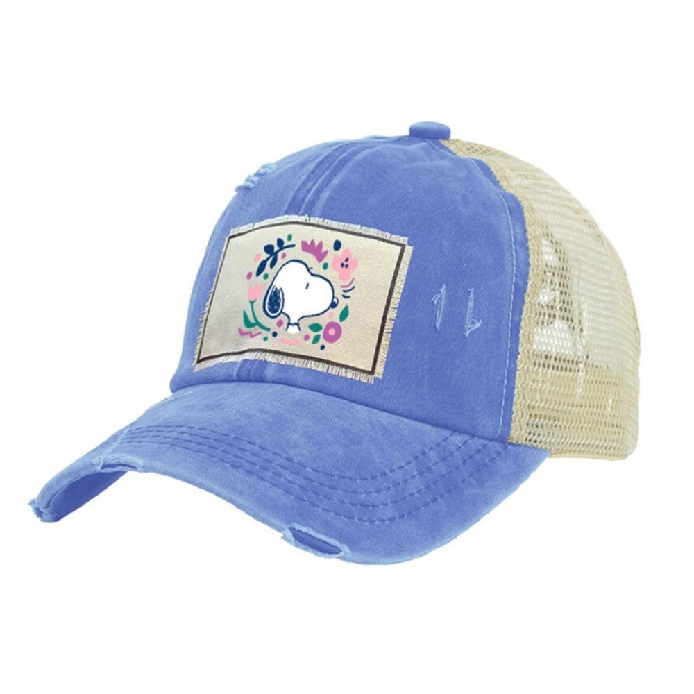Snoopy Flower Hat Women's Blue Tan Peanuts Cartoon Baseball Trucker Cap Hallmark